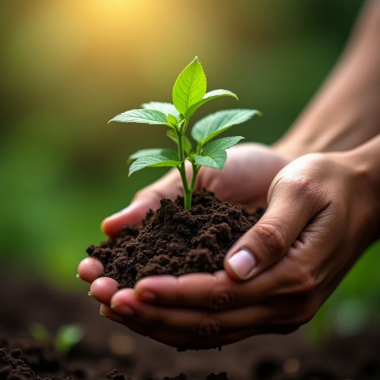 Mãos plantando muda de pimenta de cheiro em vaso.