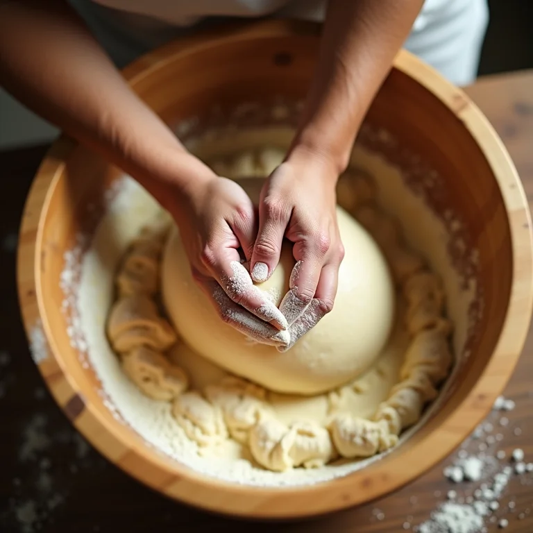 Mãos preparando massa de panetone caseiro.