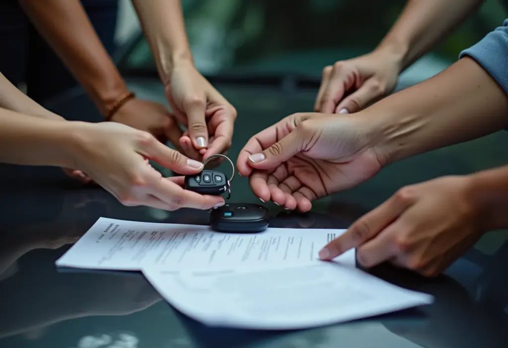 Mãos trocando chaves e documentos de carro