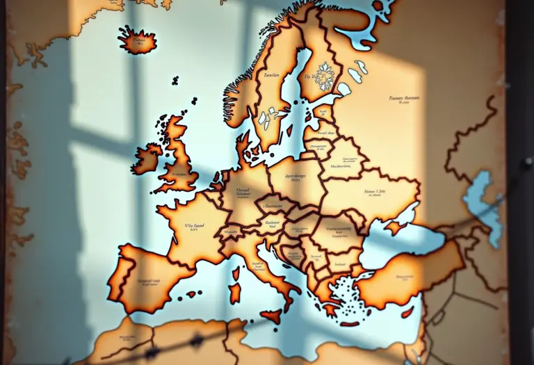 Mapa antigo da Europa com sombras e arame farpado