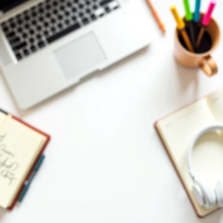 Materiais de estudo organizados em uma mesa branca