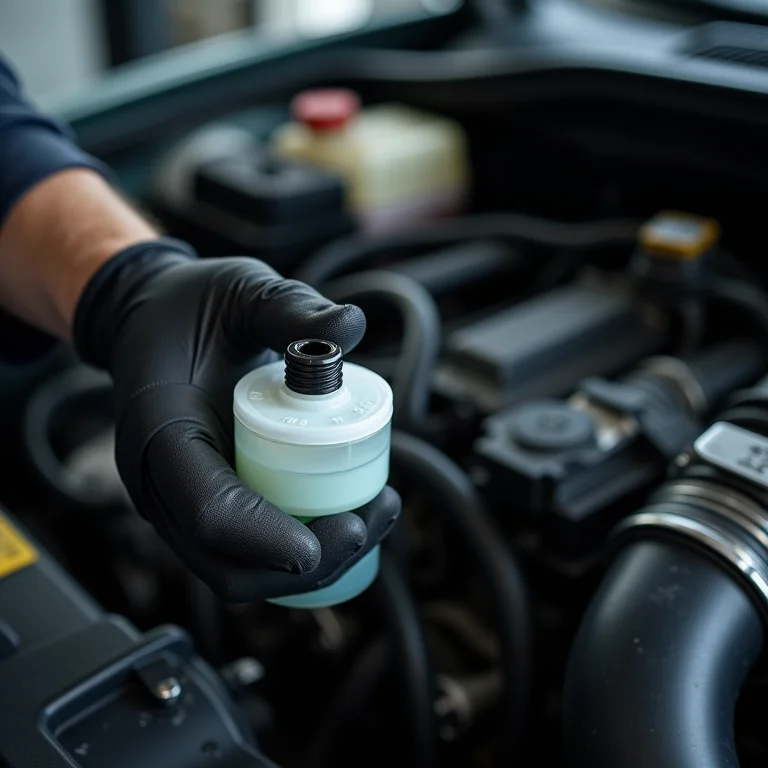 Mecânico verificando nível do fluido de direção hidráulica do carro.