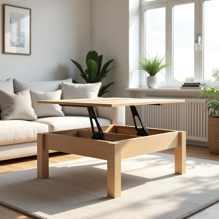 Mesa de centro elevável com espaço de armazenamento.