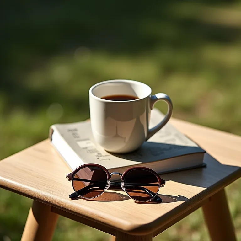 Mesa de centro para jardim com acessórios de leitura e descanso.