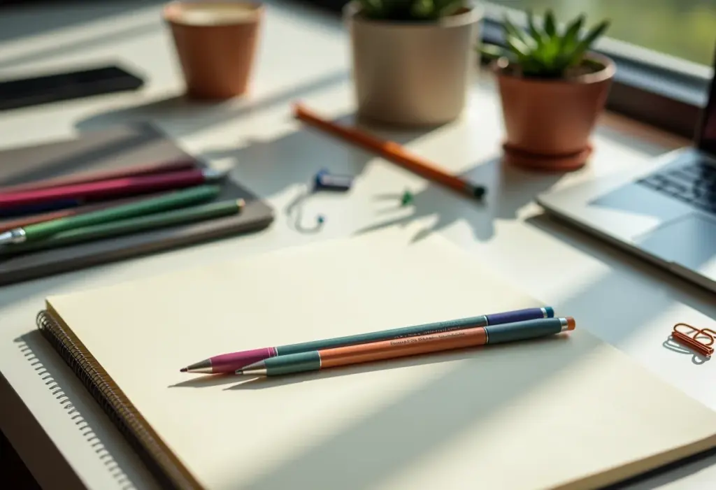 MEI para papelaria: tudo que você precisa saber antes de começar Mesa de papelaria organizada com materiais de escritório.