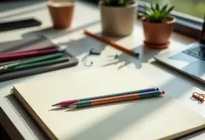 Mesa de papelaria organizada com materiais de escritório.