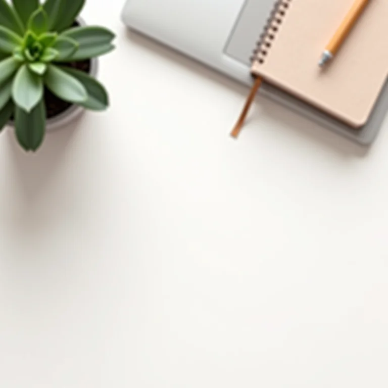 Mesa de trabalho minimalista com notebook, caneta e planta, representando a organização e simplicidade do MEI.