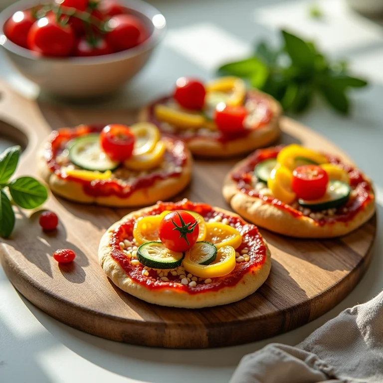 Mini pizzas de legumes coloridas e nutritivas