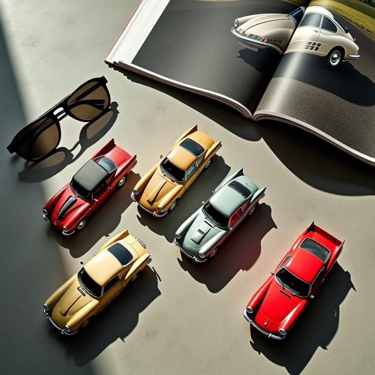 Miniaturas de carros clássicos e modernos em uma composição editorial.
