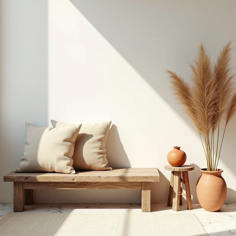 Mobiliário rústico em madeira com vasos de plantas e almofadas de linho.
