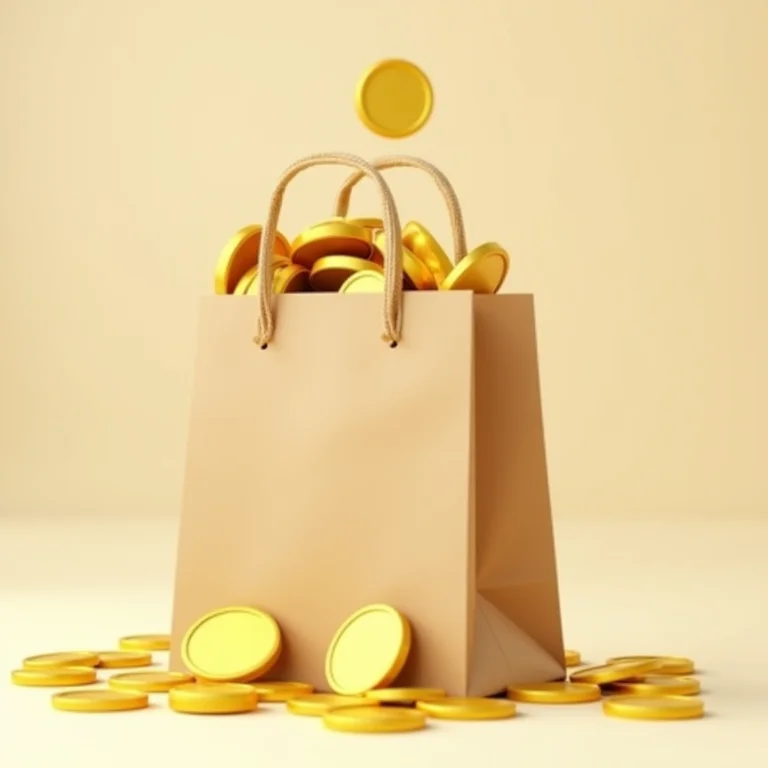 Moedas de ouro saindo de sacola de compras.