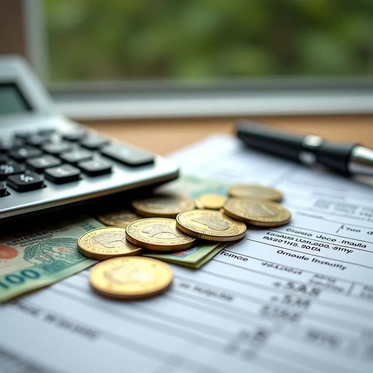 Moedas de Real, calculadora e formulário de imposto simbolizando a tributação simplificada do MEI.