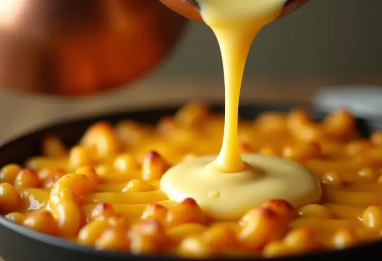 Molho bechamel cremoso sendo derramado sobre macarrão com queijo gratinado.
