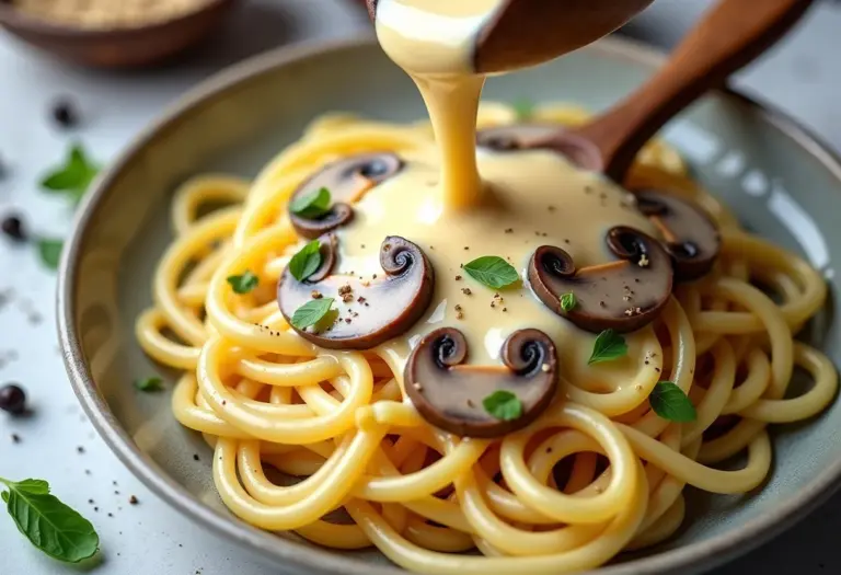 Molho cremoso de queijo com champignon sendo servido sobre massa fresca.