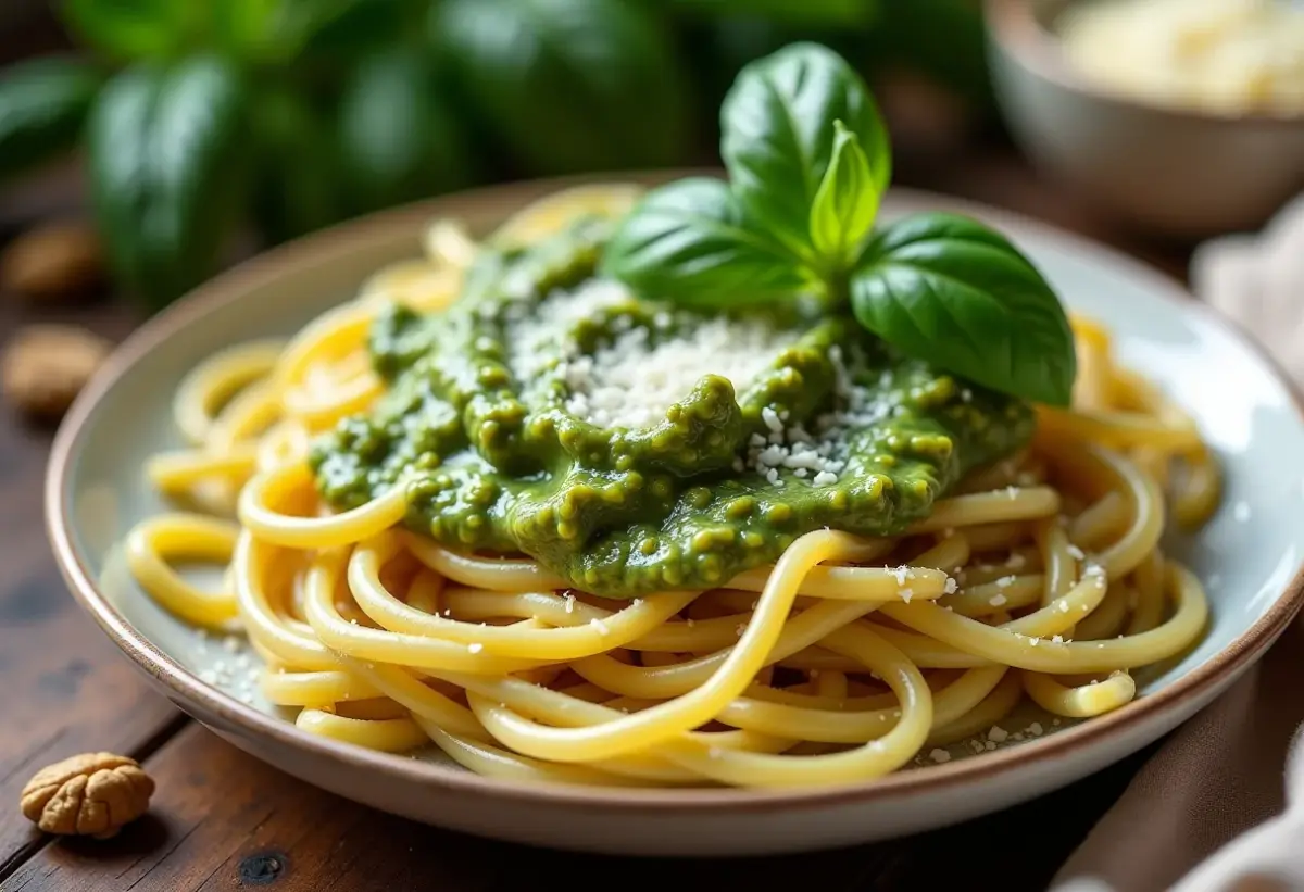 Molho pesto cremoso com queijo e manjericão fresco.