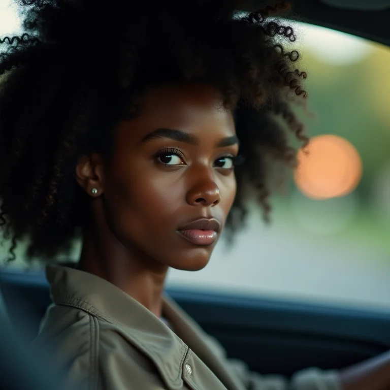 Motorista negra prevendo movimento no trânsito.