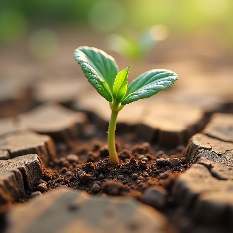 Muda murcha em solo rachado simbolizando a desistência.