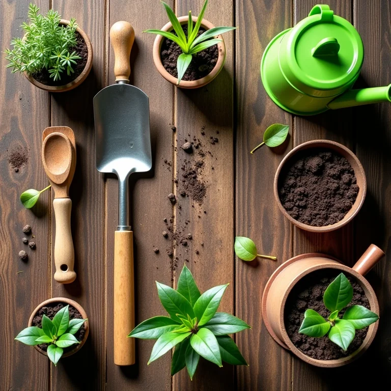 Mudanças de plantas e ferramentas de jardinagem