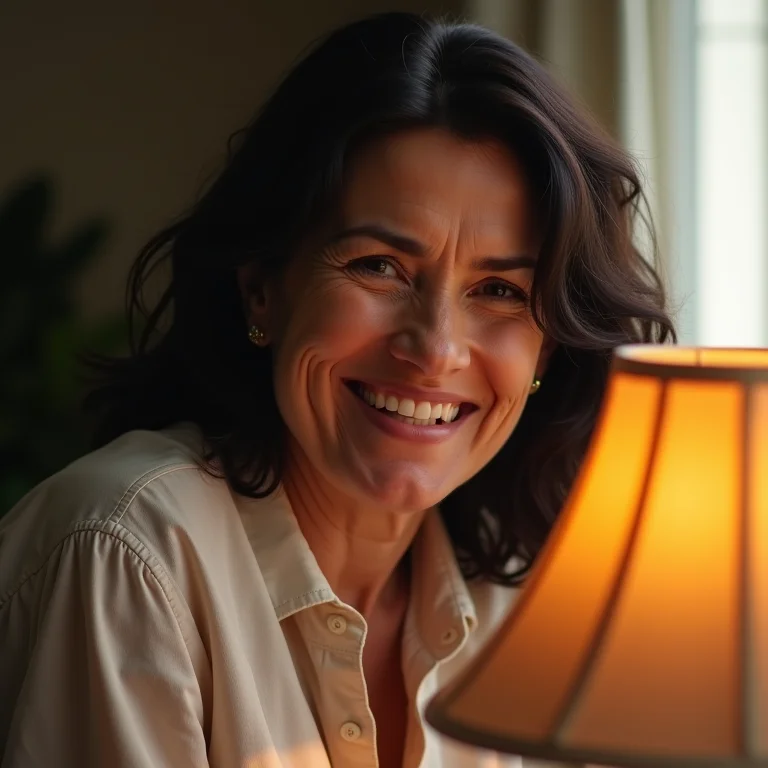 Mulher ajustando abajur na sala de estar