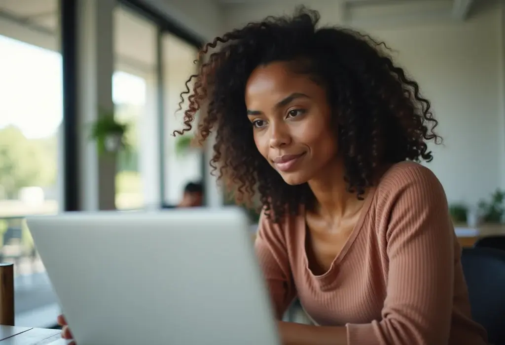 Mulher analisa dados de mercado em laptop