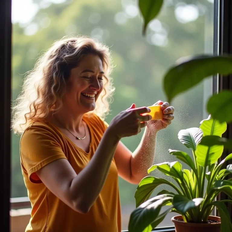 Mulher aplicando adubo de casca de banana em planta no jardim da varanda.