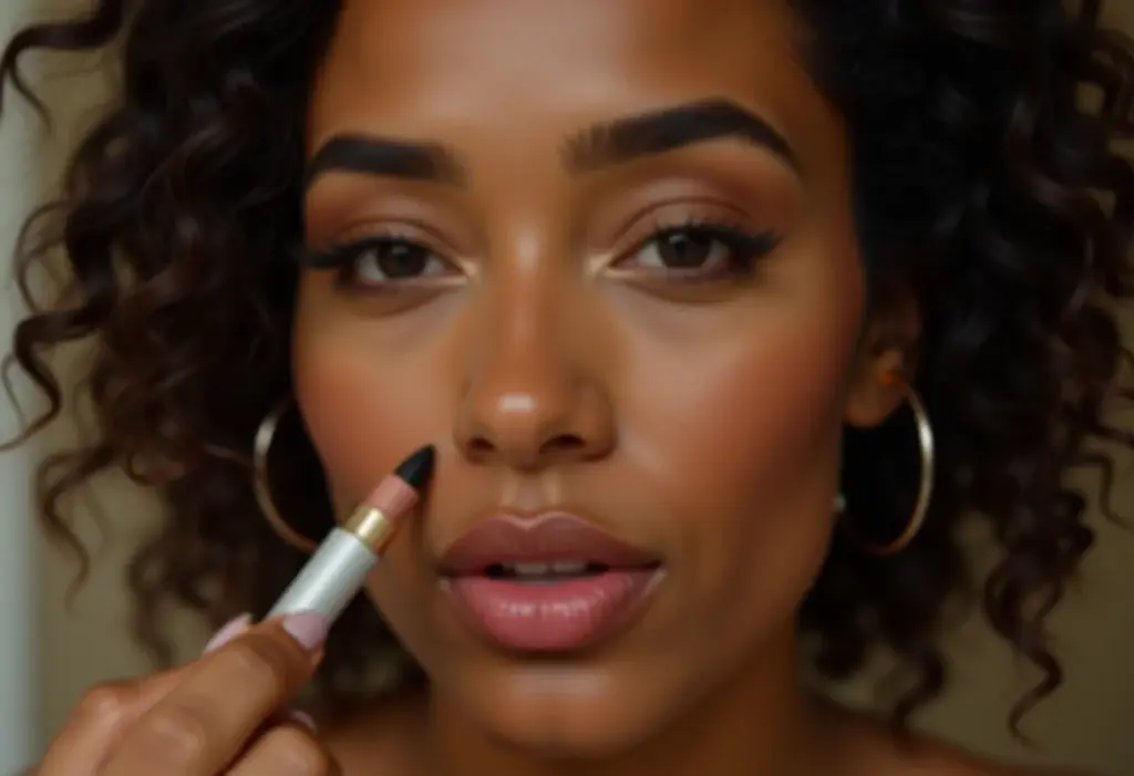 Mulher aplicando lápis de boca nude.