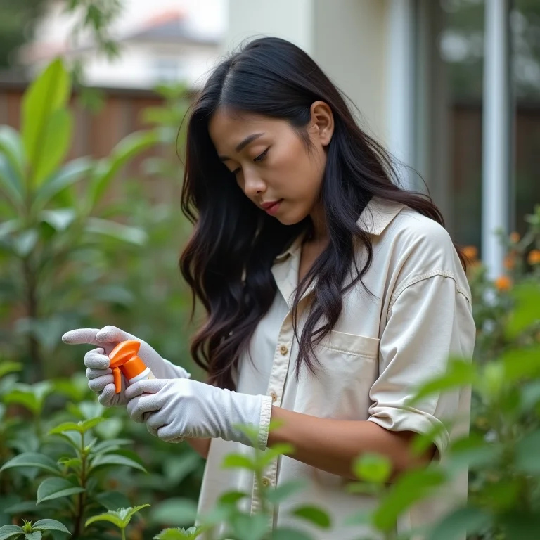 Mulher aplicando solução de fumo de rolo em horta