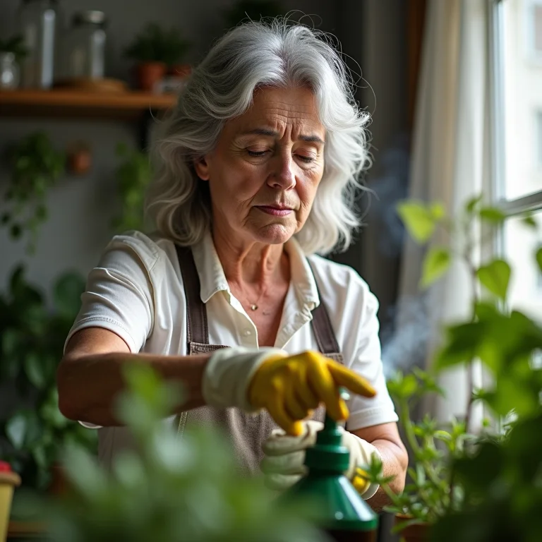 Mulher aplicando tratamento contra cochonilhas na horta.