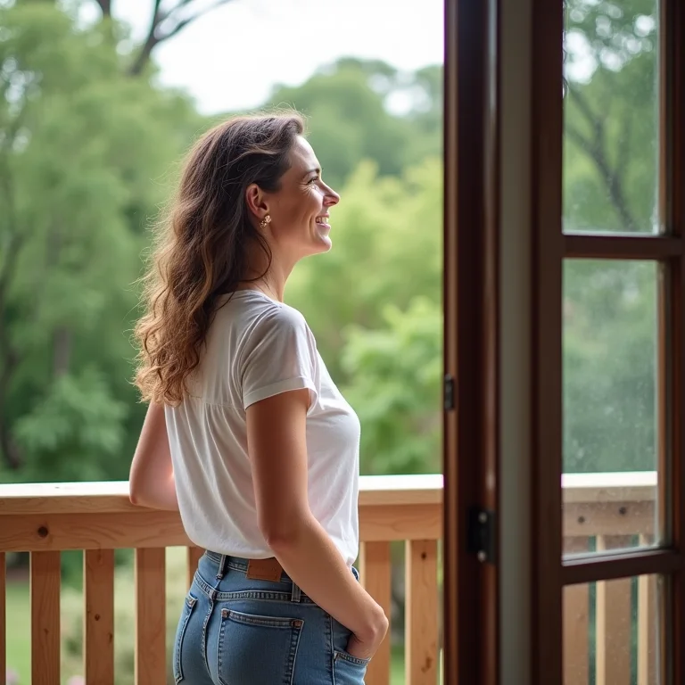 Mulher apreciando a vista de seu jardim a partir do deck de madeira