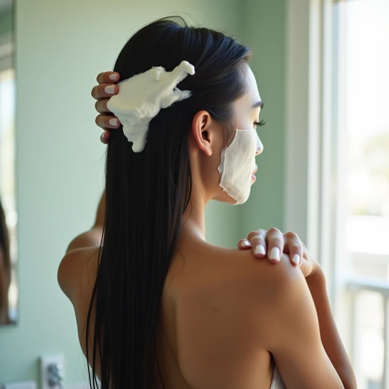 Mulher asiática aplicando máscara de maizena nos cabelos.