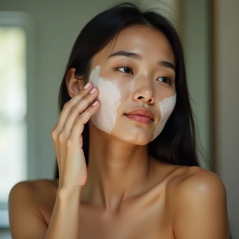 Mulher asiática-brasileira aplicando peeling químico no rosto