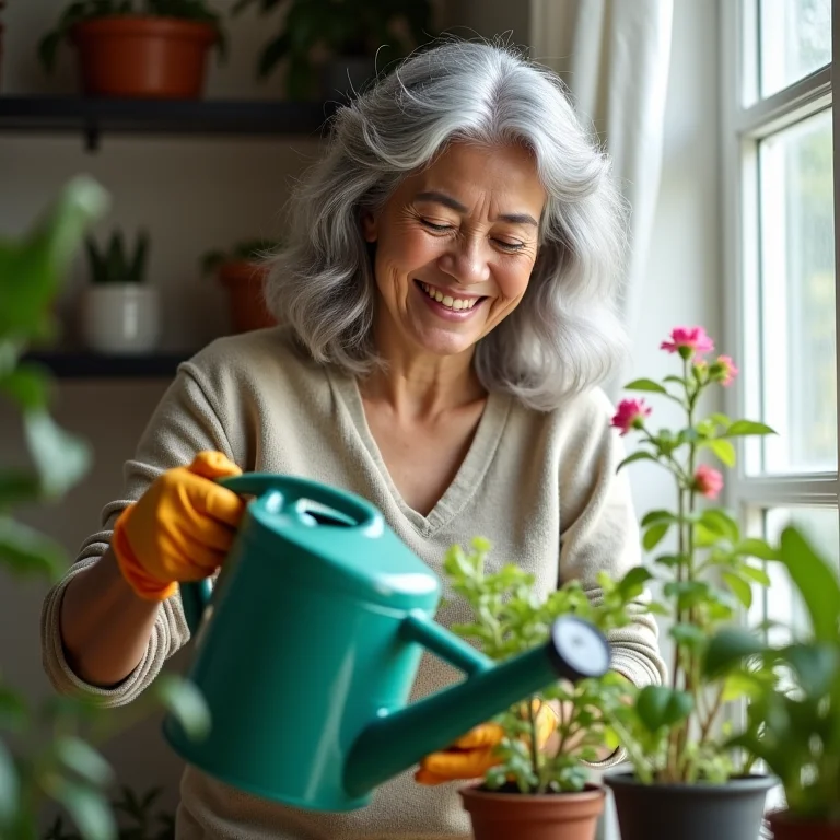 Mulher asiática-brasileira cuidando da horta em garrafa PET.