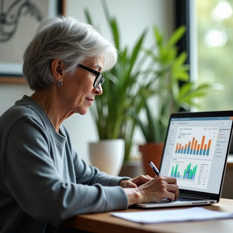 Mulher asiática sênior usando ferramenta paga de análise de dados