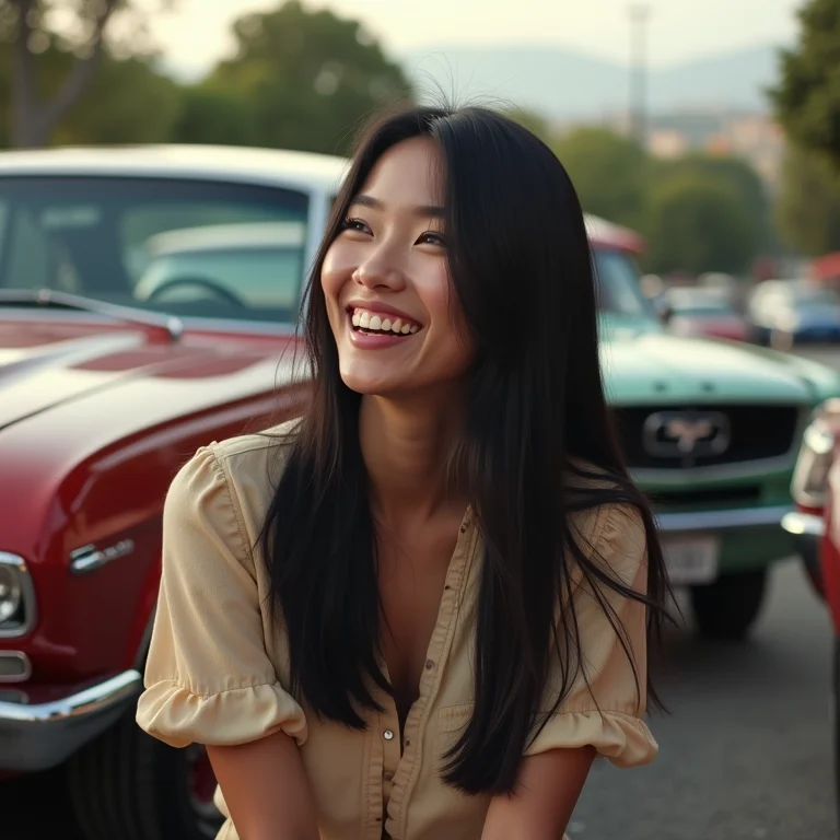 Mulher asiático-brasileira admirando carro antigo em encontro.