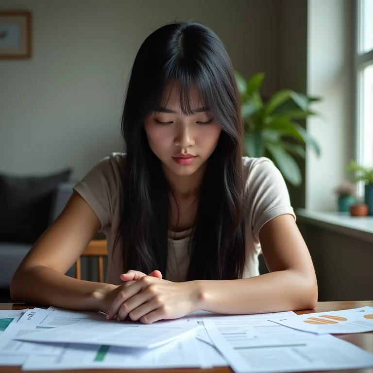 Mulher asiático-brasileira analisando dados de mercado com expressão preocupada.