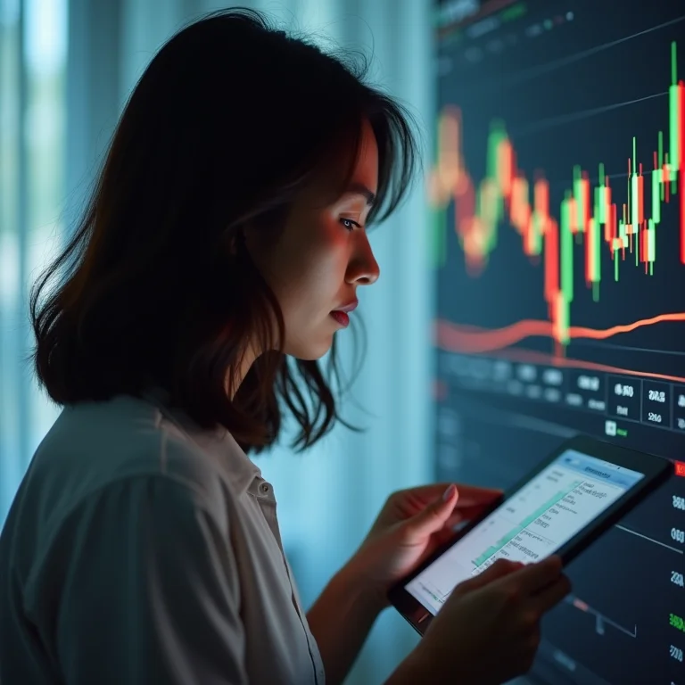 Mulher asiático-brasileira analisando gráficos de ações em um tablet