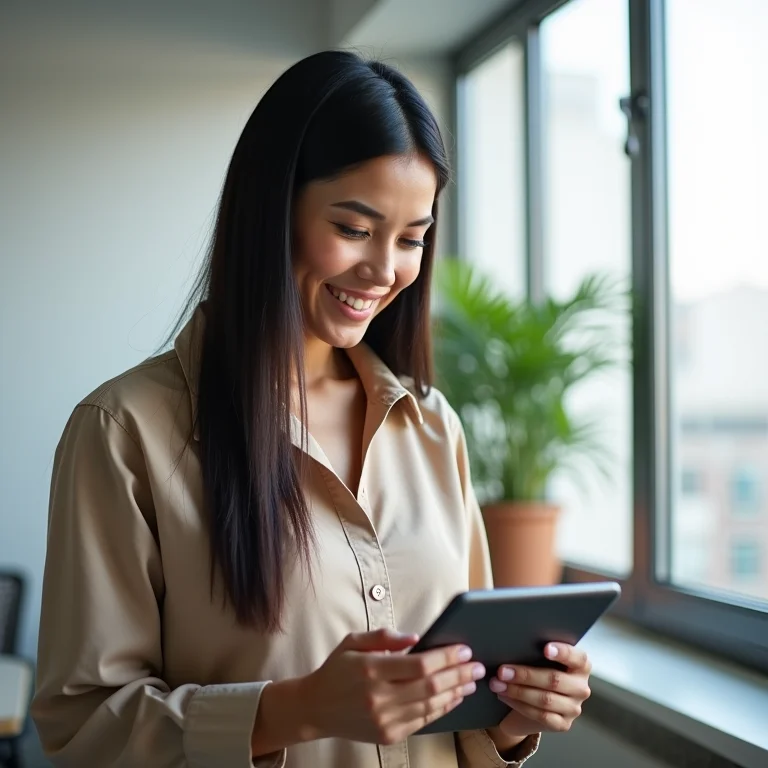 Mulher asiático-brasileira analisando histórico de compras de cliente em tablet.