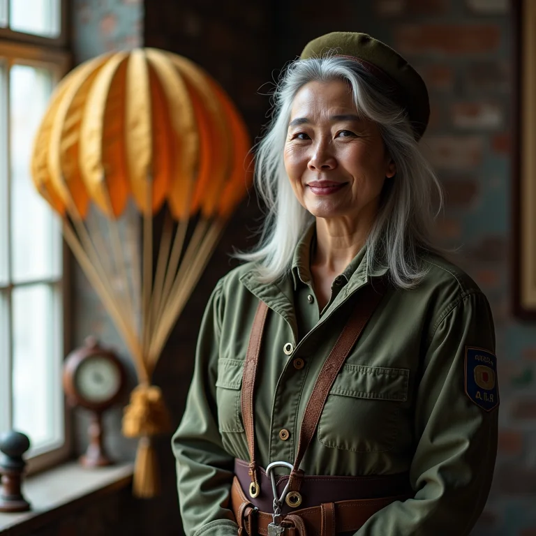 Mulher asiático-brasileira ao lado de recriação do paraquedas de Garnerin