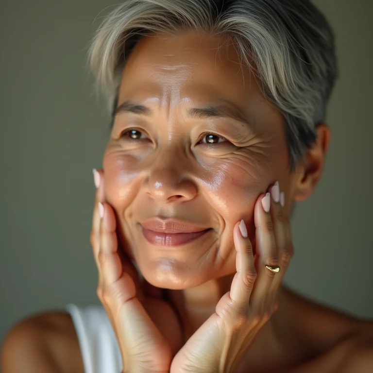 Mulher asiático-brasileira aplicando água termal após procedimento estético