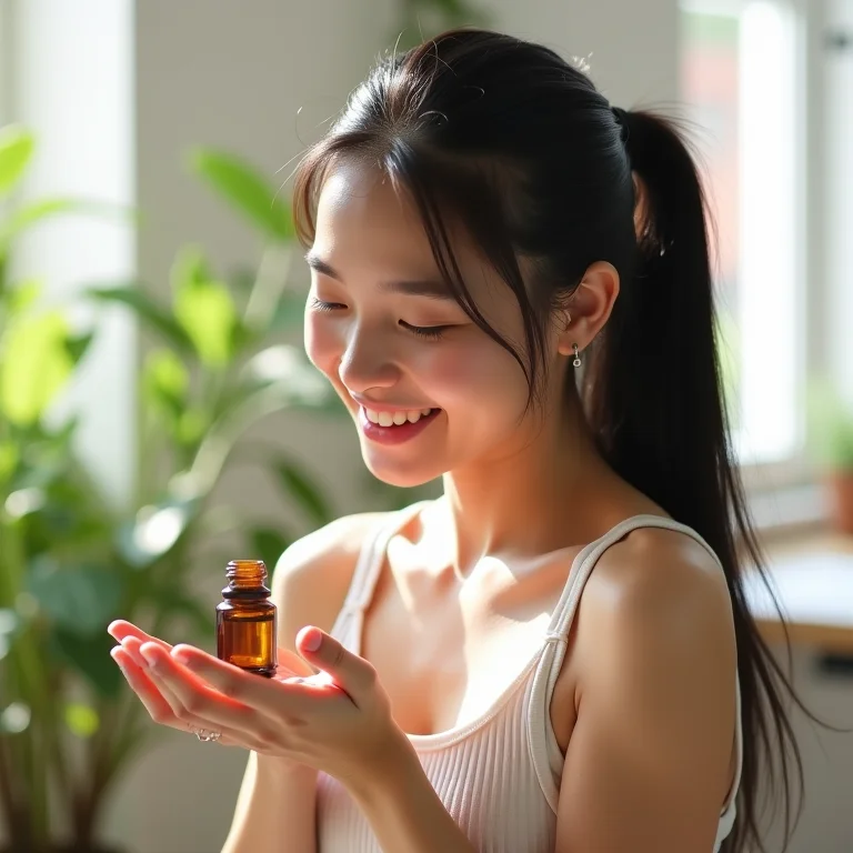 Mulher asiático-brasileira cheirando óleo essencial de hortelã-pimenta