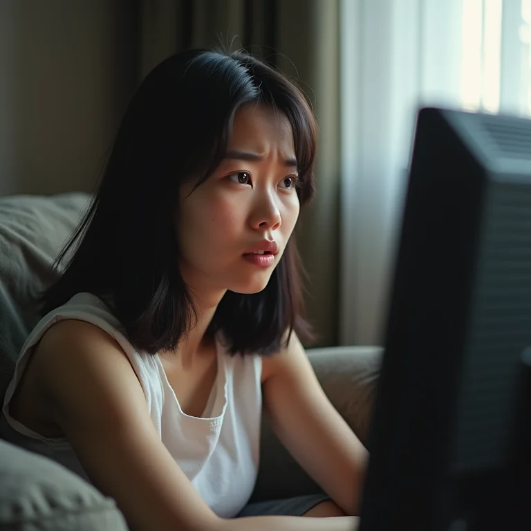 Mulher asiático-brasileira com expressão confusa olhando para uma TV pequena.