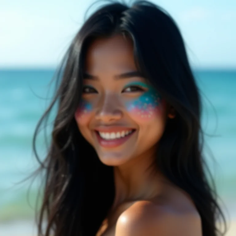 Mulher asiático-brasileira com maquiagem de sereia