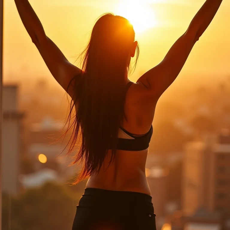 Mulher asiático-brasileira comemorando vitória em corrida, representando o arquétipo do Herói