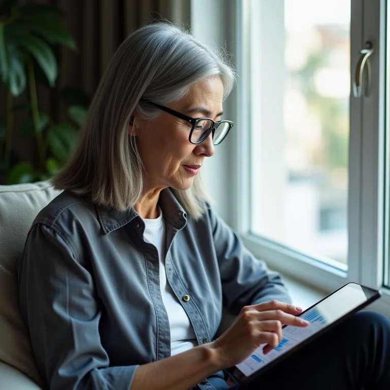 Mulher asiático-brasileira comparando gráficos de empresas.