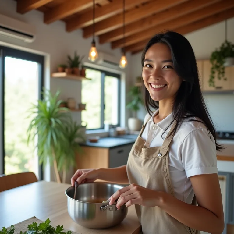 Mulher asiático-brasileira cozinhando em cozinha integrada à sala.