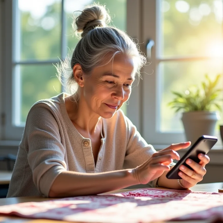 Mulher asiático-brasileira editando foto de colcha artesanal