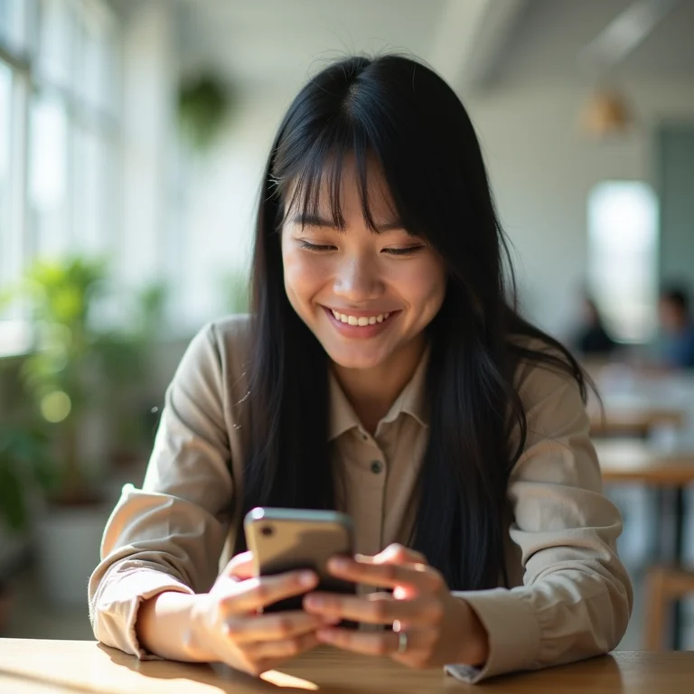 Mulher asiático-brasileira editando vídeo no celular usando o CapCut.