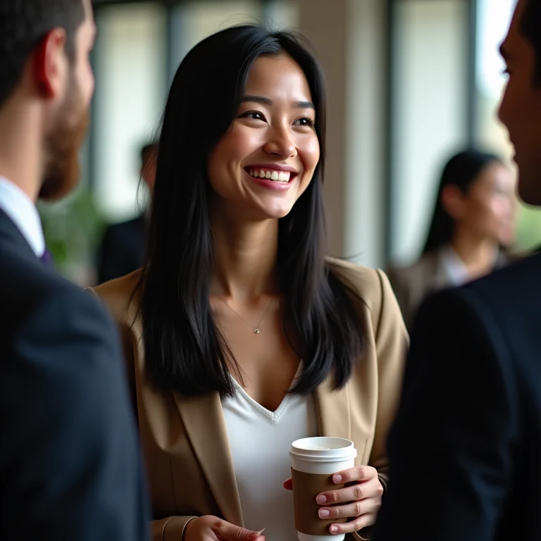 Mulher asiático-brasileira em evento de networking