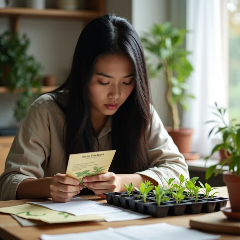 Mulher asiático-brasileira escolhendo sementes ou mudas para plantar.