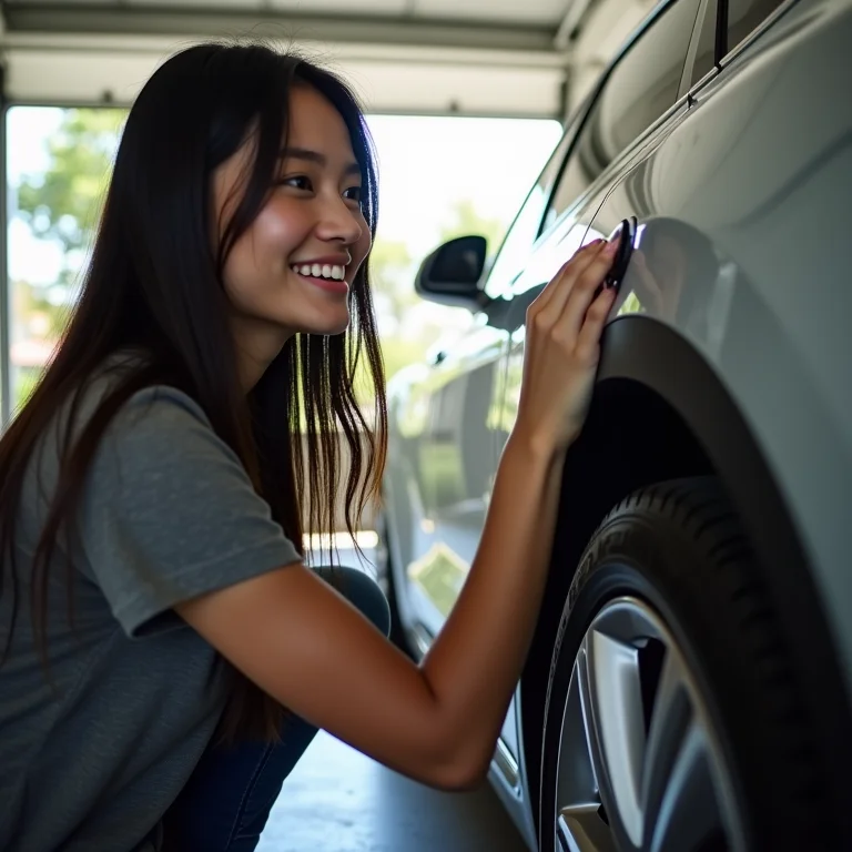 Mulher asiático-brasileira examinando pneu inteligente.